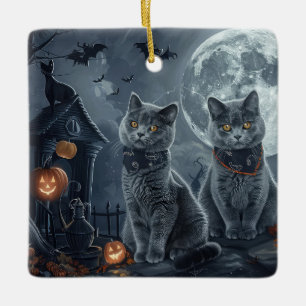 Russian Blue Cats Halloween Spooky Ceramic Ornament