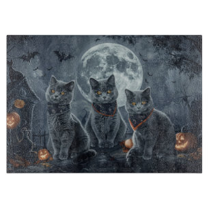 Russian Blue Cats Halloween Spooky Cutting Board