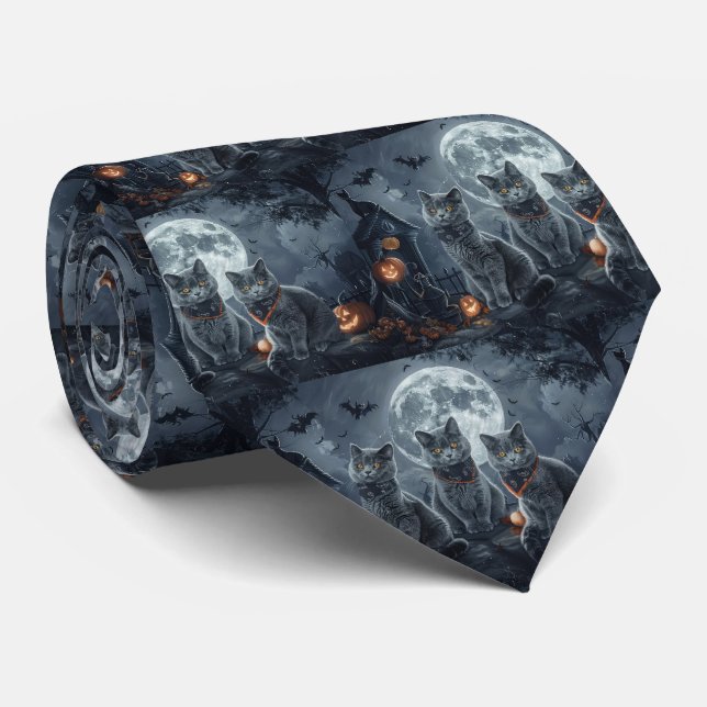 Russian Blue Cats Halloween Spooky Tie (Rolled)