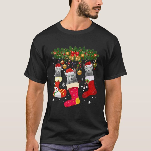Russian Blue Cats In Christmas Sock Funny Russian T-Shirt (Front)