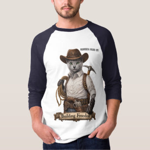 Russian Blue Cowboy Cat – Building Freedom T-Shirt