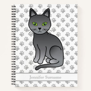 Russian Blue Cute Cartoon Cat & Custom Text Notebook