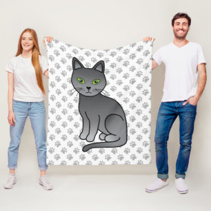 Russian Blue Cute Cartoon Cat Illustration & Paws Fleece Blanket