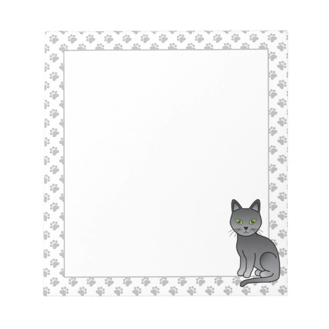 Russian Blue Cute Cartoon Cat Illustration & Paws Notepad (Front)