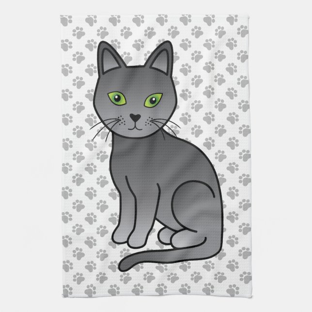 Russian Blue Cute Cartoon Cat Illustration & Paws Tea Towel (Vertical)