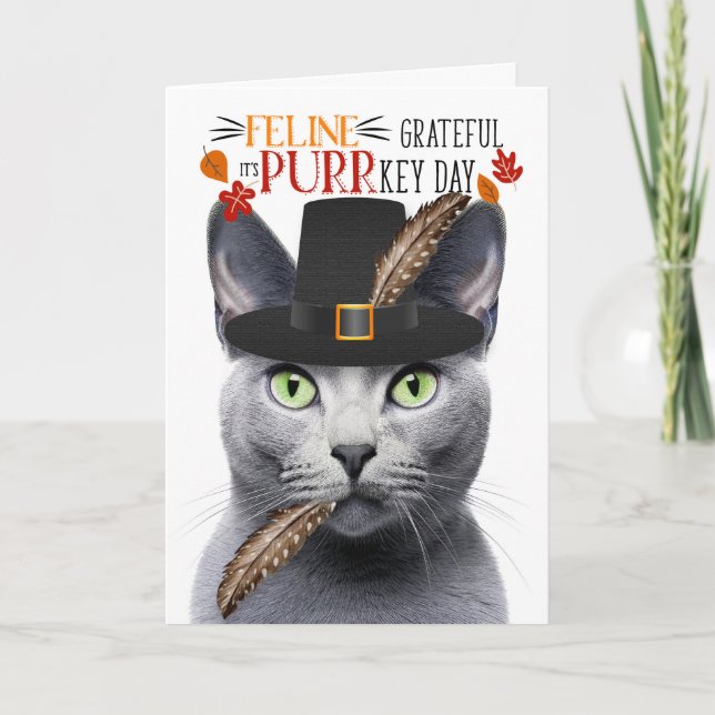 Russian Blue Grey Cat Grateful for PURRkey Day Holiday Card (Front)