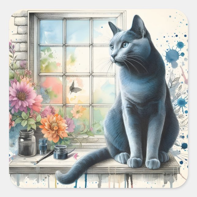 Russian Blue Grey Cat in Window Summer Flowers  Square Sticker (Front)