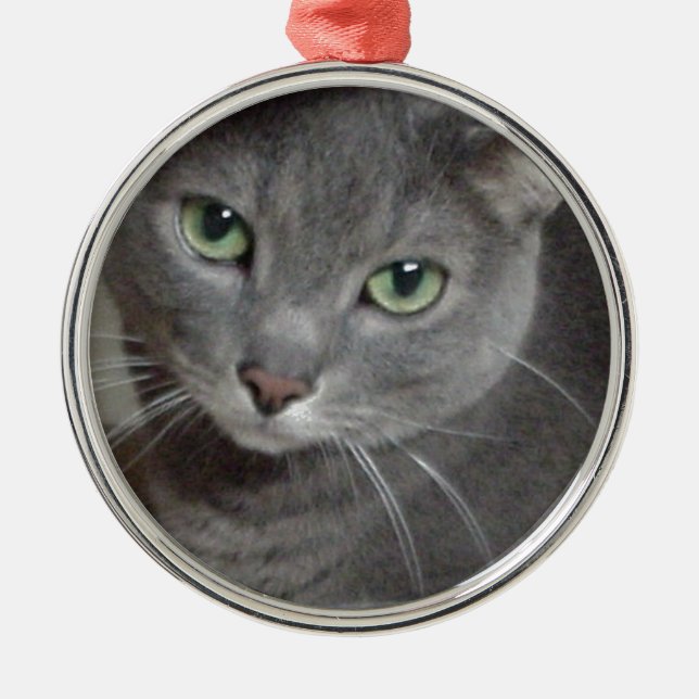 Russian Blue Grey Cat Metal Tree Decoration (Front)