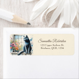 Russian Blue Grey Cat on Window Summer Flower Return Address Label