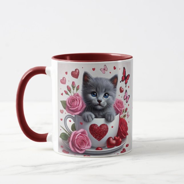  Russian Blue Teacup Kitten Valentine Mug (Left)