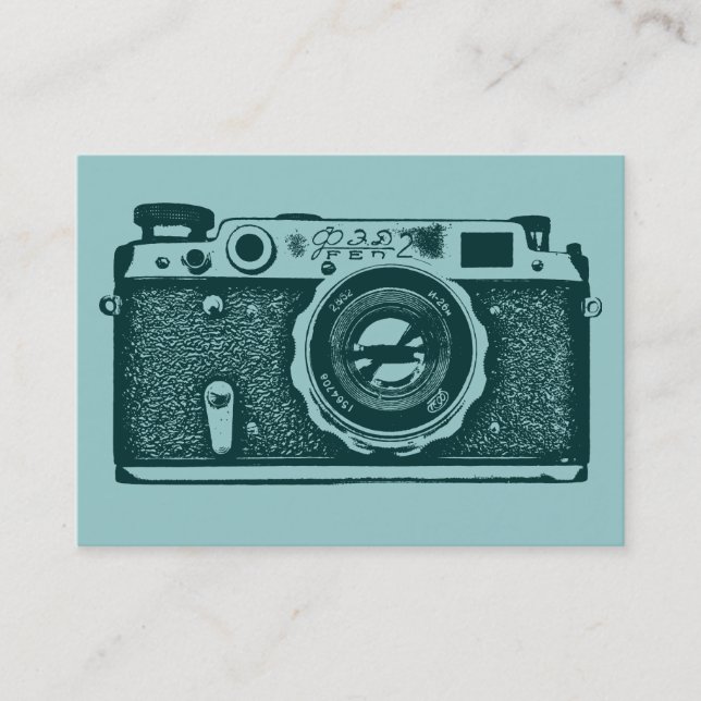 Russian Camera - Dark Green on Lt Blue Green Business Card (Front)