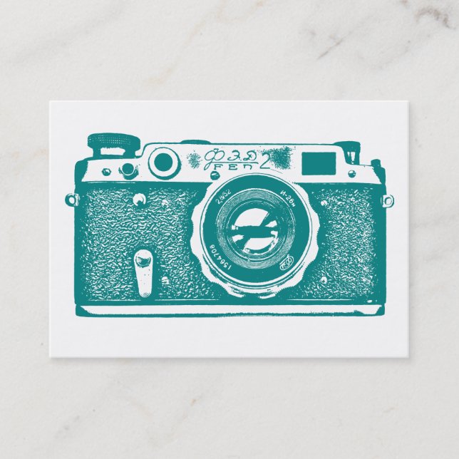 Russian Camera - Dk Cyan on White Business Card (Front)