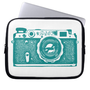 Russian Camera - Medium Dark Cyan on White Laptop Sleeve