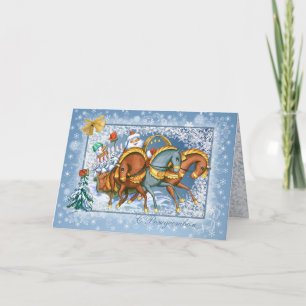 Russian Christmas - Troika,Santa,snowman,rabbits Holiday Card