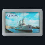 Russian Cruiser Aurora Rectangular Belt Buckle<br><div class="desc">A digital rendering of the Russian Cruiser Aurora moored in the Neva river at St. Petersburg. Cyrillic text reading "Kreiser AVRORA" (The Cruiser AURORA) also appears. The Aurora is an iconic symbol of the Russian October Revolution of 1917. At the time of the earlier February Revolution the Aurora was docked...</div>