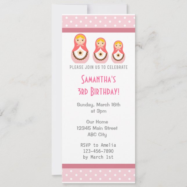 Russian Dolls Birthday Invitation Pink Polka Dot (Front)
