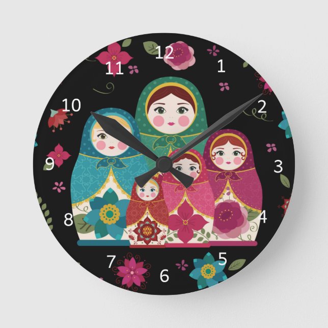 Russian Dolls Black Round Clock (Front)