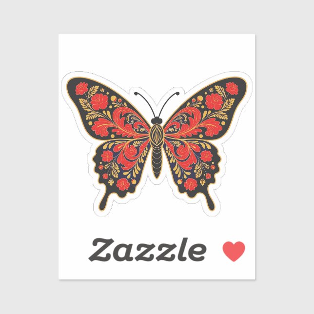 Russian Folk Art Butterfly Sticker - Black, Red &  (Sheet)