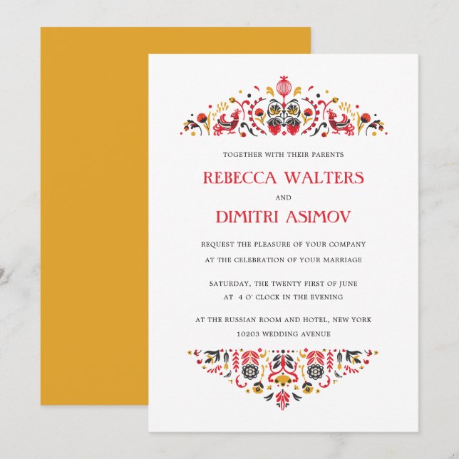 Russian  Folk Art  Khokhloma Flower Wedding Invita Invitation (Front/Back)