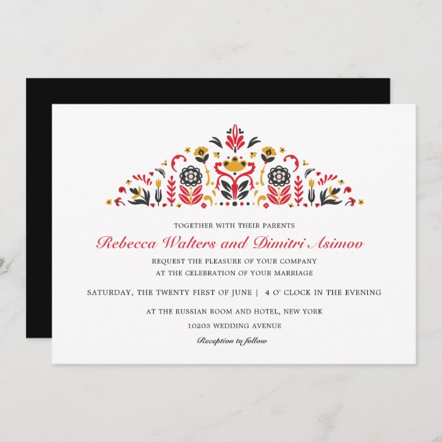 Russian  Folk Art  Khokhloma Flower Wedding Invitation (Front/Back)