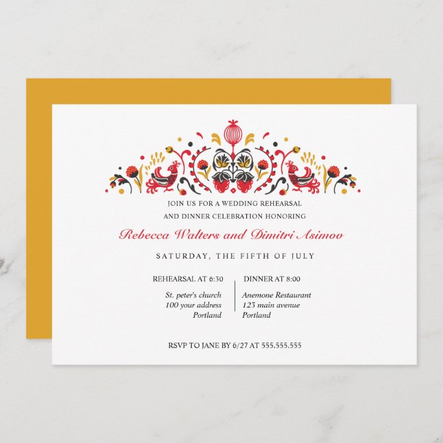 Russian Folk Art Khokhloma  Rehearsal Dinner Invitation (Front/Back)