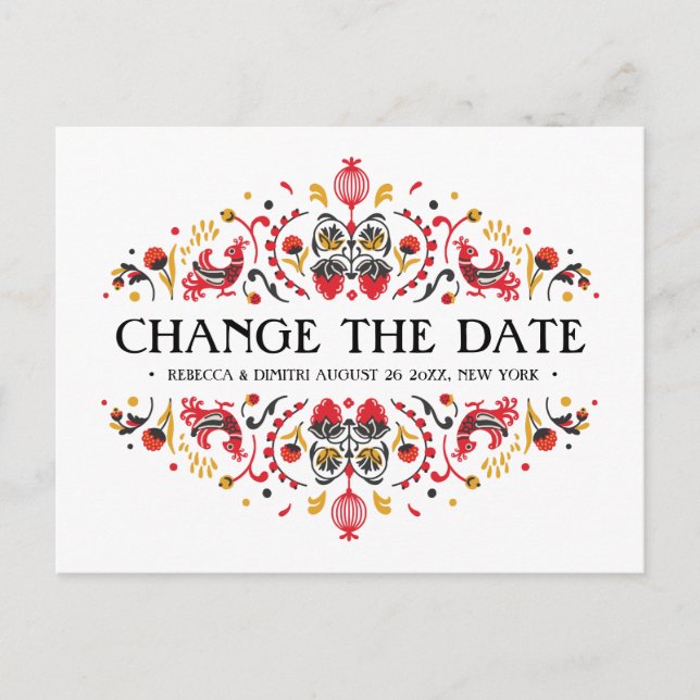 Russian Folk Art  Khokhloma Wedding POSTPONEMENT Announcement Postcard (Front)