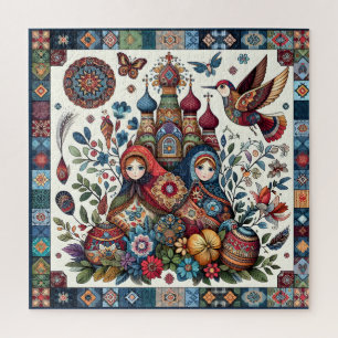 Russian Folklore Matryoshka Boho Chic Floral Jigsaw Puzzle