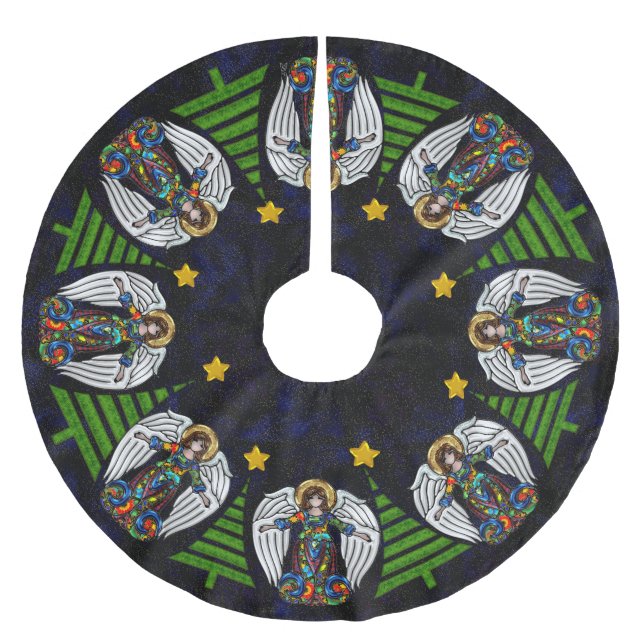 Russian Icon Guardian Angels and Christmas Trees Brushed Polyester Tree Skirt (Front)