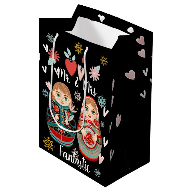 Russian Matryoshka Dolls Mr & Mrs Snowflakes Medium Gift Bag (Front Angled)