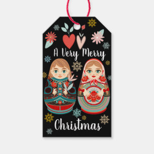 Russian Matryoshka Dolls Mr & Mrs with Snowflakes Gift Tags