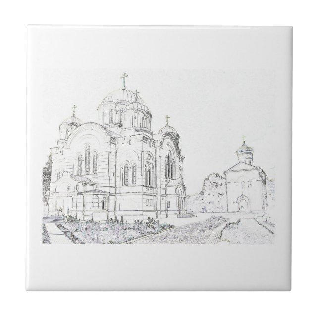 Russian Orthodox Church Architecture Sketch Ceramic Tile (Front)