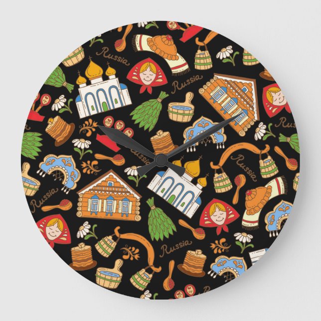 Russian Symbols: Coloured Vintage Pattern. Large Clock (Front)