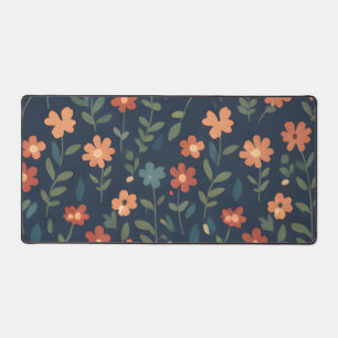 Rust and Coral Daisy Field on Navy Blue Desk Mat