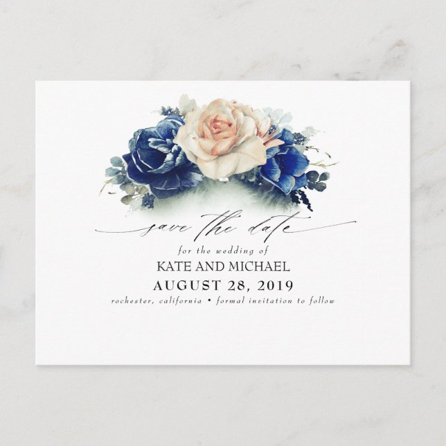 Rust and Navy Blue Floral Boho Save the Date Postcard (Front)
