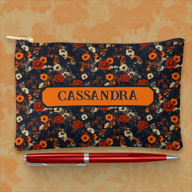 Rust and Orange on Blue Ditsy Country Floral Accessory Pouch (Creator Uploaded)