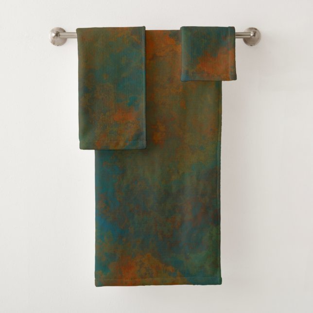 Rust and Turquoise Marble abstract 4 Bath Towel Set (Insitu)