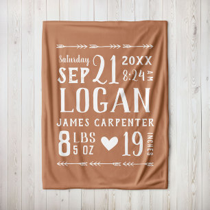 Rust Baby Boy Birth Stats Keepsake Fleece Blanket