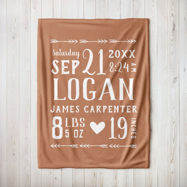 Rust Baby Boy Birth Stats Keepsake Fleece Blanket (Creator Uploaded)