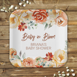 Rust Beige Floral Gender Neutral Baby Shower Paper Plate