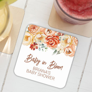 Rust Beige Floral Gender Neutral Baby Shower Square Paper Coaster