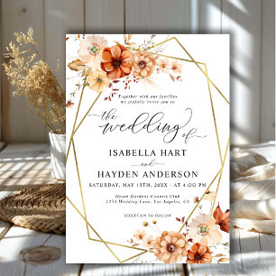 Rust Beige Floral Gold Frame Wedding Invitation