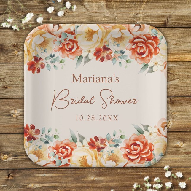 Rust Beige Romantic Floral Bridal Shower Paper Plate (Creator Uploaded)