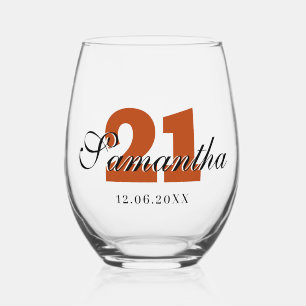 Rust Birthday Number Black 3D Name Date Stemless Wine Glass