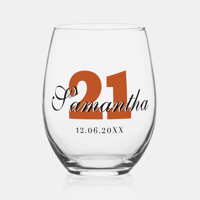 Rust Birthday Number | Black 3D Name Date Stemless Wine Glass (Front)