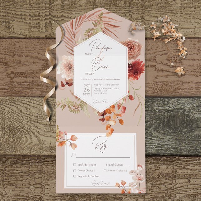 Rust Blush Fall Boho Floral Frame Blush Dinner All In One Invitation (Creator Uploaded)
