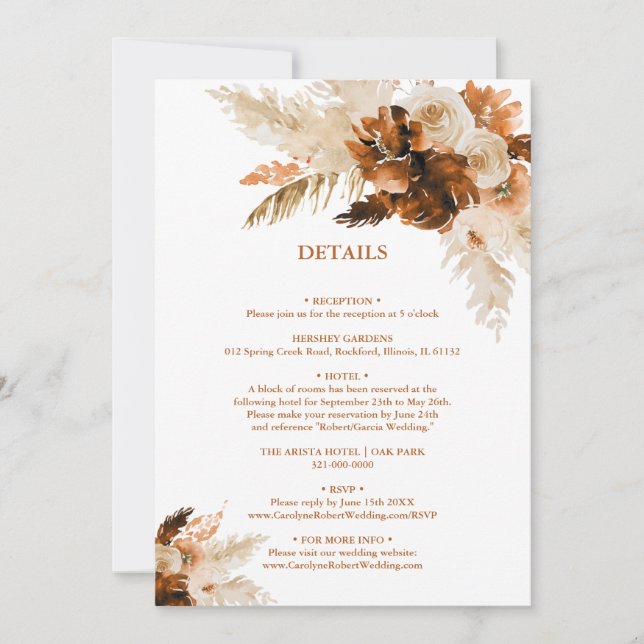 Rust Bohemian And Pampas Grass Wedding Details Invitation (Front)