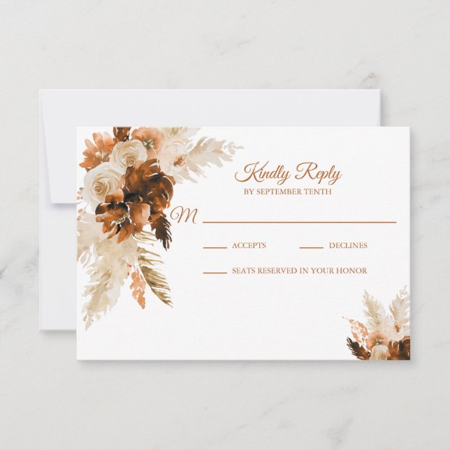 Rust Bohemian And Pampas Grass Wedding RSVP Card (Front)