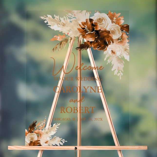 Rust Bohemian Pampas Grass Wedding Welcome Acrylic Sign (Neutral)
