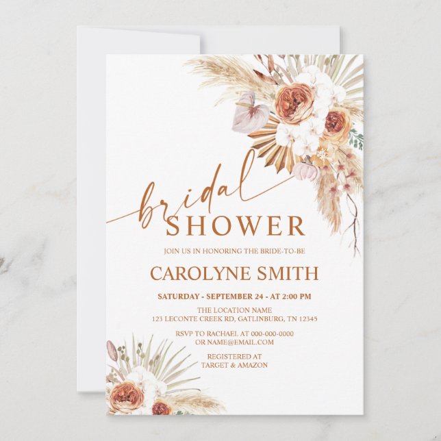 Rust Boho And Pampas Grass Bridal Shower Invitation (Front)