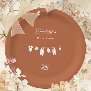 Rust Boho Minimalist Gender Neutral Baby Shower Paper Plate